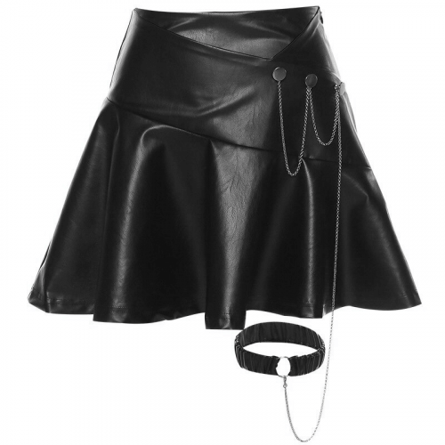 A-Linien-Minirock aus Kunstleder mit Beinstrumpfband an Metallkette / Damen-Punkrock-Kleidung in Schwarz
