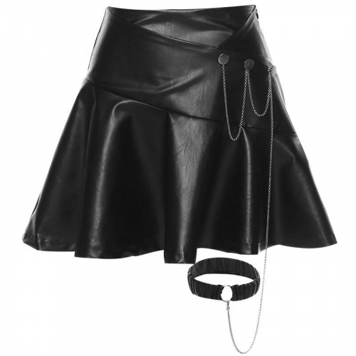 A-line Faux Leather Mini Skirt with Leg Garter on Metal Chain / Women's Punk Rock Black Clothing