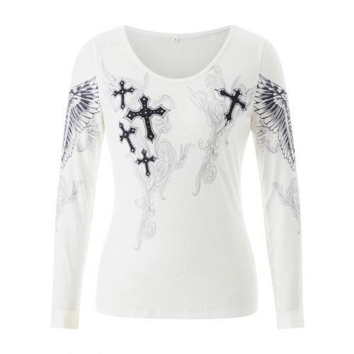 Ästhetische Cross Wings Print Langarm-Tops / Lässige gerippte Damenbekleidung