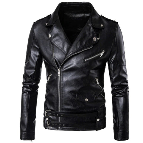 Men's biker leather jacket with stand-up collar.