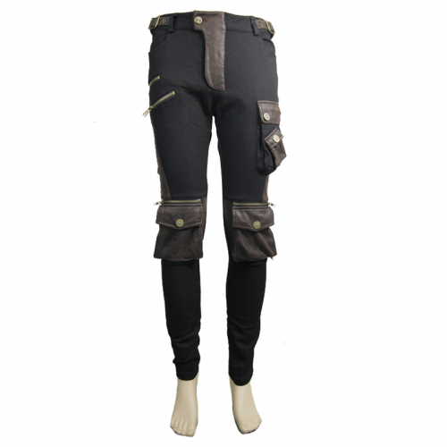 Schwarze und kaffeefarbene Steampunk-Bikerhose mit mehreren Taschen / Gothic-Röhrenhose für Männer