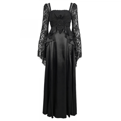 Schwarzes, elegantes, langes Kleid mit Retro-Applikationen / Damenkleid mit quadratischem Ausschnitt und langen Trompetenärmeln und Spitzenärmeln
