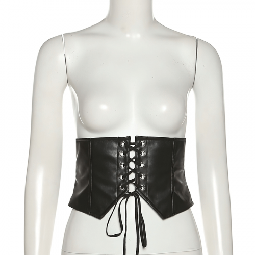 Ceinture corset en similicuir noir / Ceinture sous le buste élégante pour femmes avec lacets croisés
