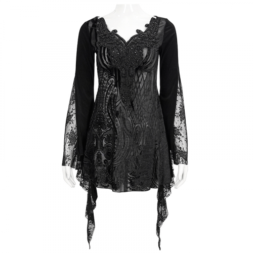 Black Gothic Lace Tasseled Long Trumpet Sleeves Top for Women / Exquisite Female Clothing