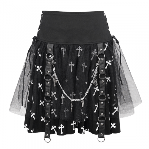 Schwarzer Strickrock mit weißem Kreuzdruck / Punk-Damenrock mit seitlichen Taillenbändern und Kette