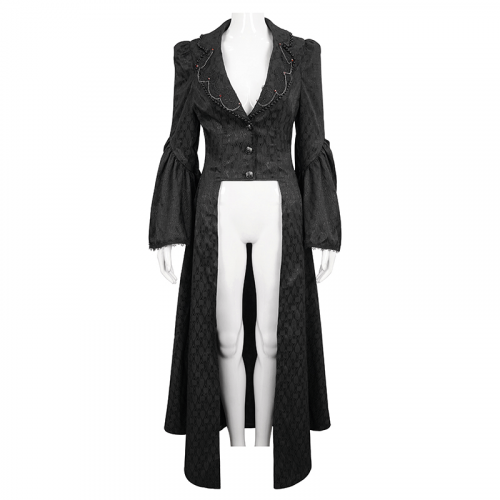 Black Ladies Flared Sleeved Beaded Long Coat / Gothic Retro Long Tail Coat For Women