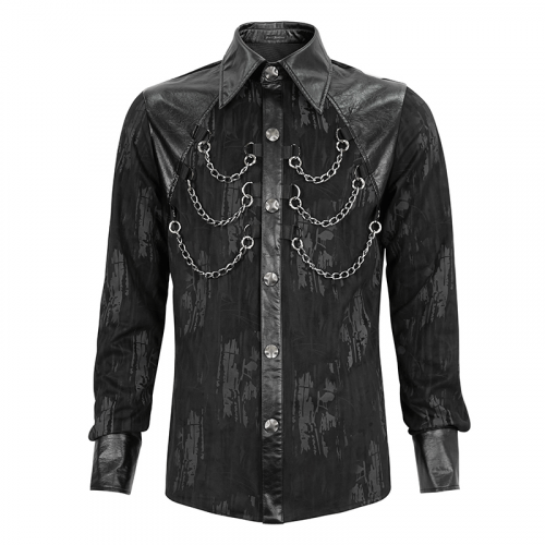 Chemise noire à manches longues avec inserts en cuir PU / chaînes détachables gothiques pour hommes sur les chemises de poitrine