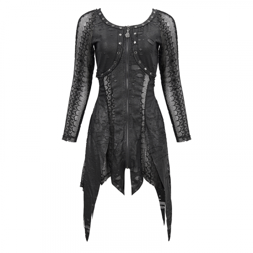 Schwarzes Netzspleißen, unregelmäßiges kurzes Kleid / Gothic-Damenkleid mit Reißverschluss vorne