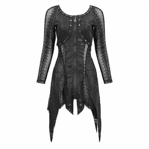 Black Net Splicing Irregular Short Dress / Gothic Women's Zipper Pull Front Dress