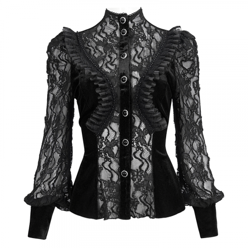 Chemise noire sexy à manches longues en dentelle à volants pour femmes / chemisier gothique en velours avec col montant