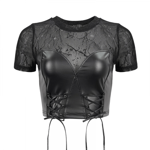 Women's Lace-Up PU Leather Crop Top - Stylish Punk Apparel.