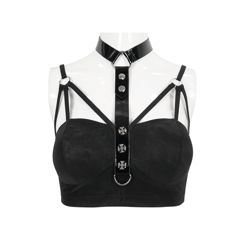 Black Sexy Women's Bra with Faux Leather Neck Strap