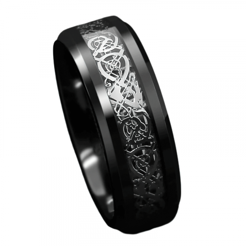 Black Stainless Steel Ring with Dragon Pattern / Men's and Women's Metal Jewelry in Gothic Style