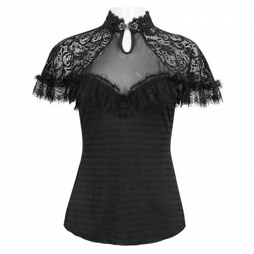 Schwarzes Vintage-Spitzen-T-Shirt mit kurzen Raglanärmeln für Damen / Gothic-Damen-T-Shirts mit V-Ausschnitt und schlanken T-Shirts