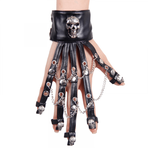 Black Women's Leather Gloves with Chains and Skulls / Dark Gothic Fashion Accesories