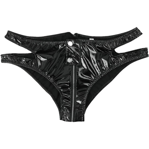 Black Women's Latex Panties / Leather Underwear With Zipper