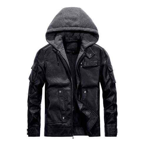 Lässige Motorrad-PU-Jacke für Herren / Fleecejacken mit schmaler abnehmbarer Kapuze / warme Herrenbekleidung