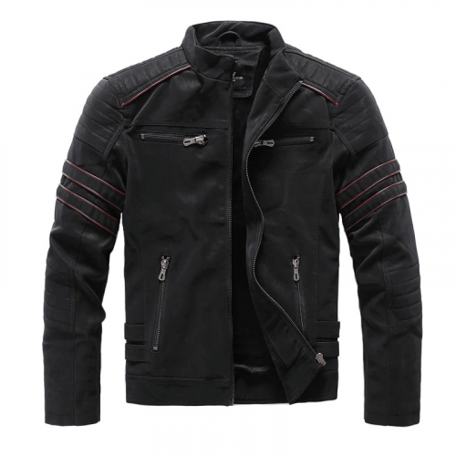 Veste de moto en cuir PU à col montant décontracté / Vêtements à glissière pour hommes à la mode avec plusieurs poches
