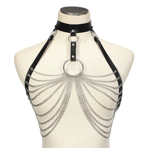 Women's harness belt on the chest with chains.