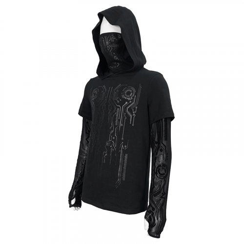 Schwarzes Sweatshirt mit Schaltkreisdiagramm-Print, Kapuze und Maske für Herren / Bekleidung im Cyberpunk-Stil