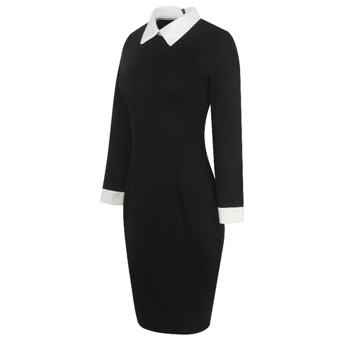 Women's Black Dress With White Collar And Сuffs - Trendy Fashion.
