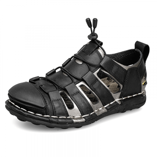 Sandales pour hommes en cuir véritable à bande élastique / Sandales pratiques décontractées / Chaussures de plein air pour hommes
