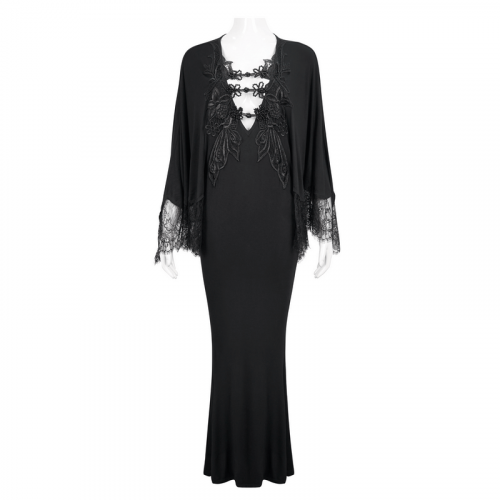 Elegantes langes Meerjungfrauenkleid mit tiefem V-Ausschnitt / schwarzes Gothic-Spitzenkleid mit Cape-Ärmeln