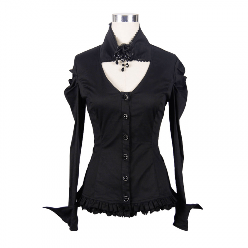 Elegantes Gothic-Hemd mit Blumen-Anhänger-Brosche / Damen-Knöpfe, Stehkragen, schwarze Hemden