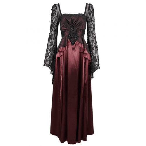 Elegantes, langes, weinrotes Kleid mit Trompetenärmeln und schwarzen Spitzenärmeln / Damenkleid mit eckigem Ausschnitt und Applikationen