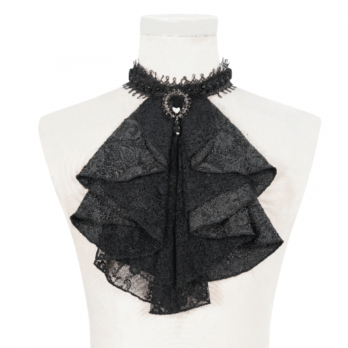 Elegante Jabot-Krawatte aus schwarzem gemustertem Satin für Herren mit Brosche / Accessoires im viktorianischen Gothic-Stil