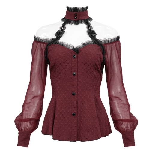 Elegant Off Shoulder Buttons Halterneck Shirt / Gothic Women's Strappy Shirts with Lace-up on Back