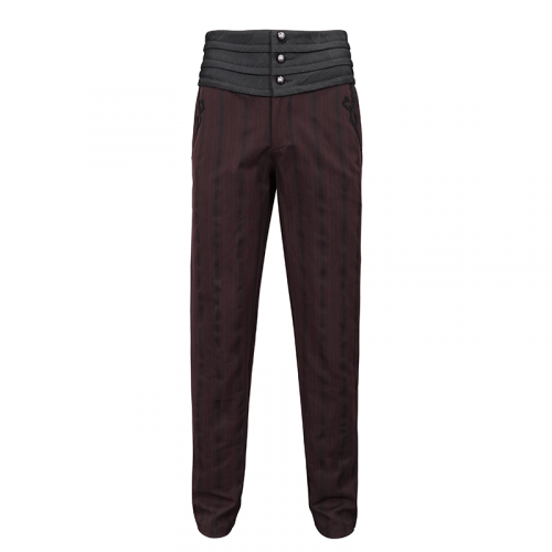 Pantalon taille haute élégant rouge vin rouge / pantalon côtelé gothique pour homme avec ceinture large noire