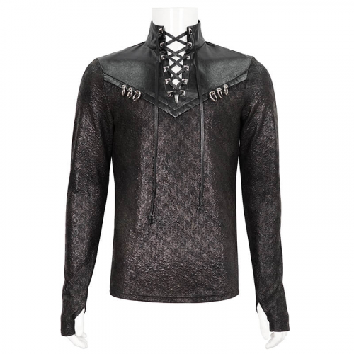 Modisches schwarzes Stehkragen-Sweatshirt mit Schnürung / Gothic-Herren-Sweatshirt mit Metallringen