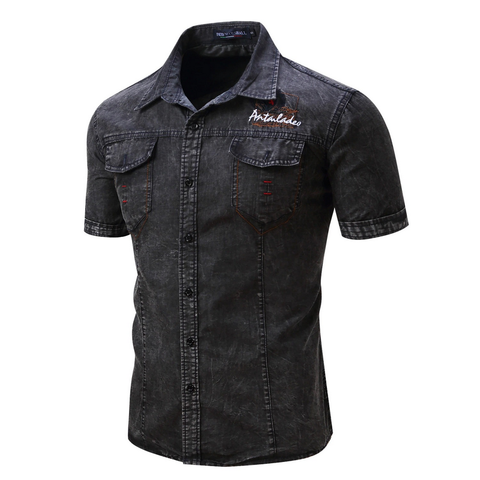 Men's Denim Short Sleeve Shirt - Fashion Military Cloth.