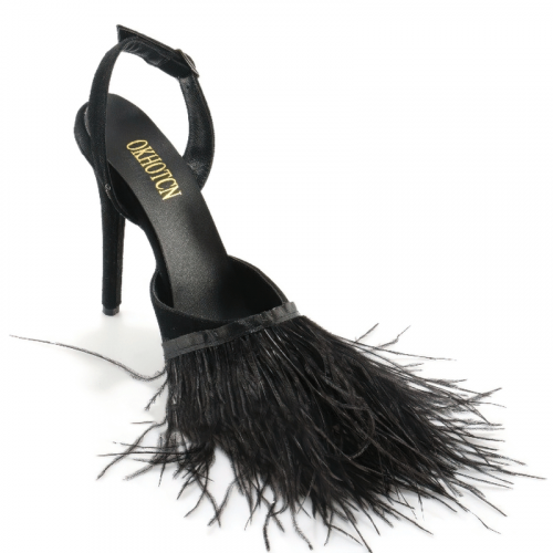 Modische Fransen, schwarze Flock-Damenschuhe / Vintage-Schuhe mit spitzer Zehenpartie und Schnalle