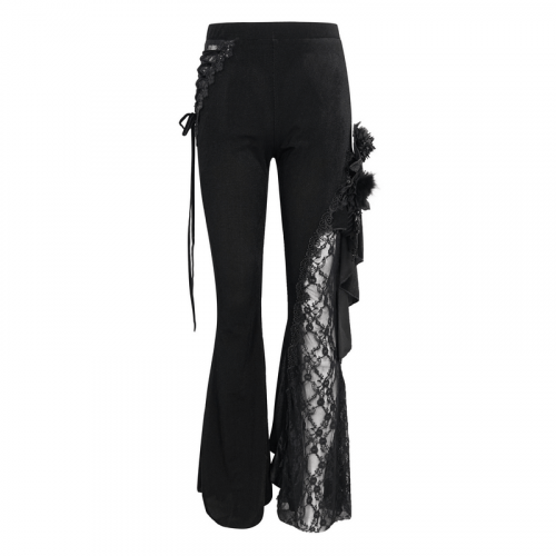 Pantalon évasé à fleurs en dentelle à la mode pour femmes/pantalon gothique en velours avec accents à lacets sur le côté