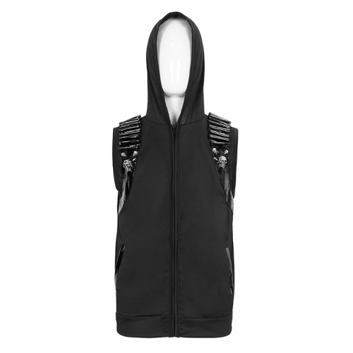 Fashion Men's Black Zipper Sleeveless Hoodie / Gothic Male Clothing with Patent Leather and Skulls