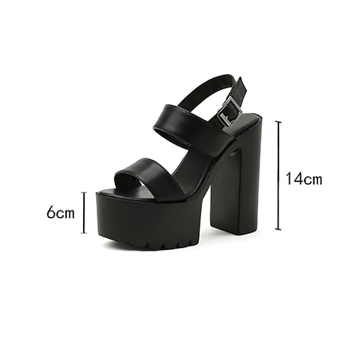 Women's Black Sandals Of High Square Heels - Trendy Casual Shoes.