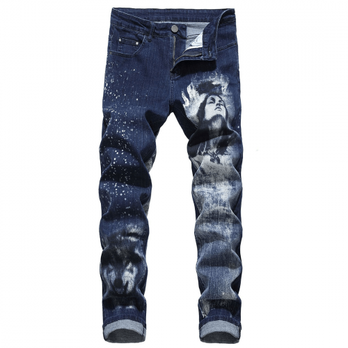 Modische gerade Jeans mit Wolf und Damen-3D-Muster/Jeanshose im Punk-Stil für Herren