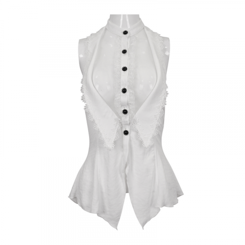 Modische, weiße, ärmellose Neckholder-Bluse mit Schnürung auf der Rückseite / Sexy Damen-Shirt mit schwarzen Knöpfen