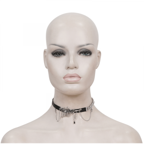 Female Leather Choker with Asymmetrical Spider Web / Gothic Black Choker with Silver Chain