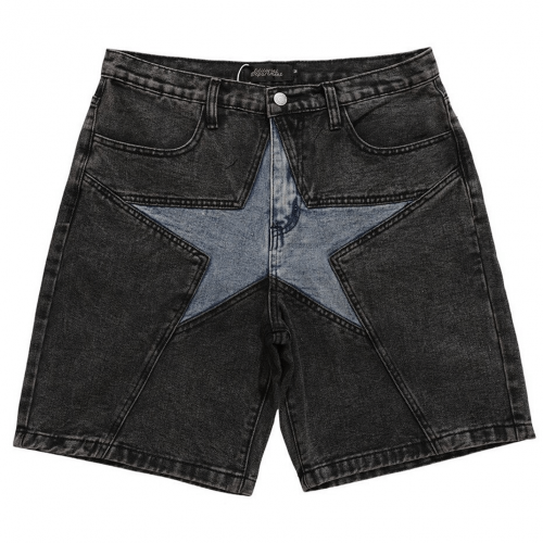 Front Star Pathwork Denim Shorts For Men / Alternative Style Loose Clothing