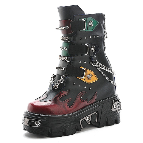 Mixed Color Women's Boots With Metal Decoration - Punk Style.