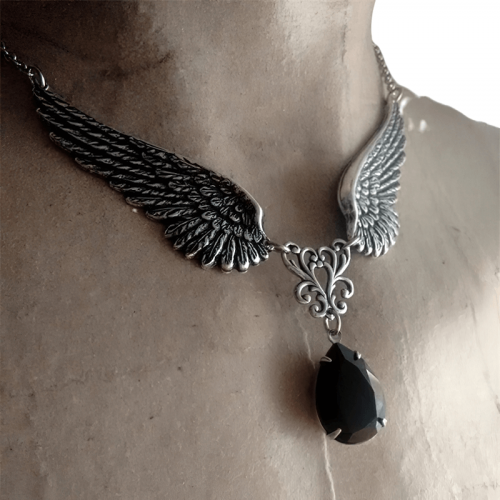 Gotische Engelsflügel-Halskette / Modeschmuck mit schwarzem Kristall / Unisex-Accessoires