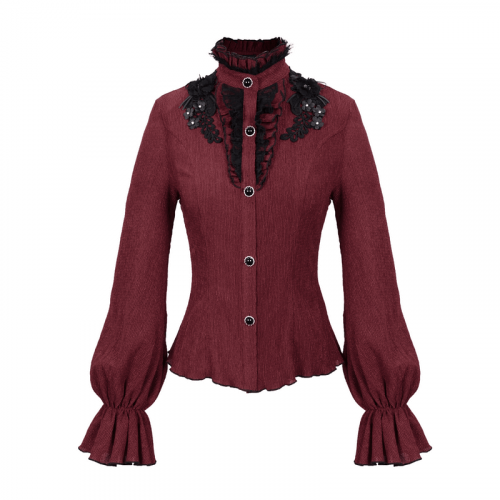 Blouse rouge vin appliquée gothique avec boutons / Chemises rayées à manches évasées pour femmes