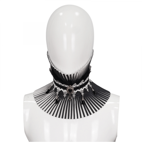 Gotischer schwarz-weißer Plissee-Stehkragen / modische Damen-Halskette mit Perlen und Spitze
