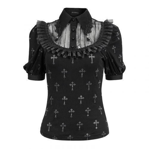 Schwarze Gothic-Bluse mit Kreuzmuster und kurzen Ärmeln / Damenblusen mit Umlegekragen und Spitzenbesatz