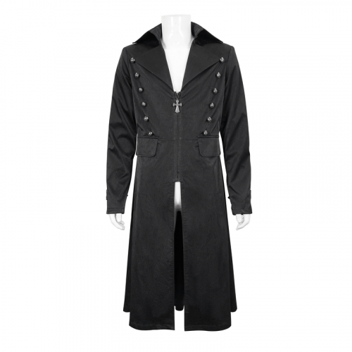 Schwarzer Gothic-Ledermantel mit gemusterten Knöpfen / Langer Mantel mit Reverskragen und Reißverschluss im Punk-Stil