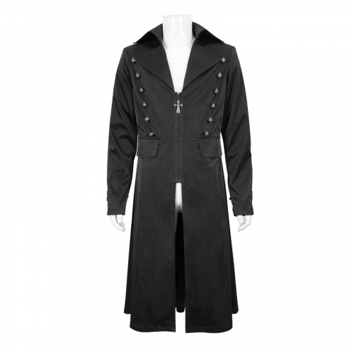 Gothic Black Leather Coat with Pattern Buttons / Punk Style Lapel Collar Zipper Long Coat