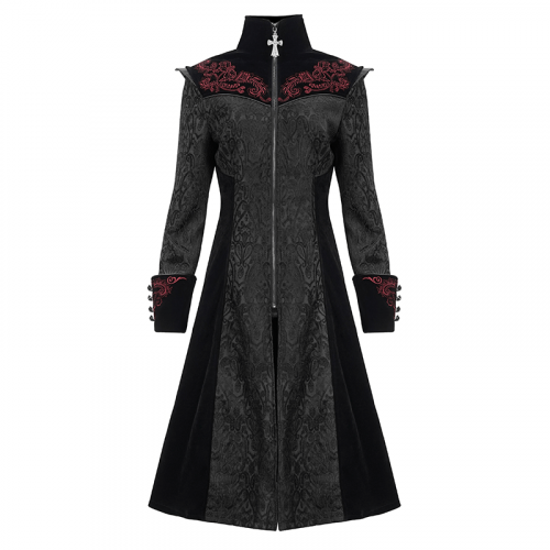 Schwarzer Gothic-Mantel mit Stehkragen und Blumenstickerei für Damen / Alternative Mode-Oberbekleidung